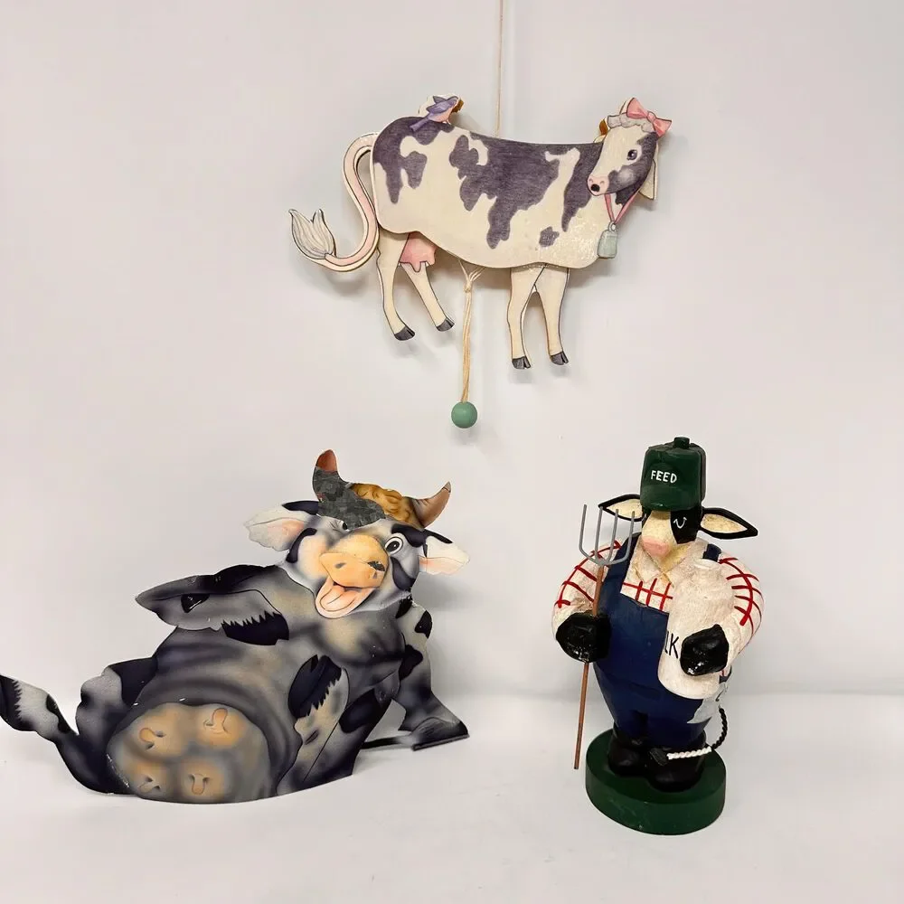 Vintage Country Cow Decor Lot Wooden Jumping Jack Bowed Metal Farmyard Figurines